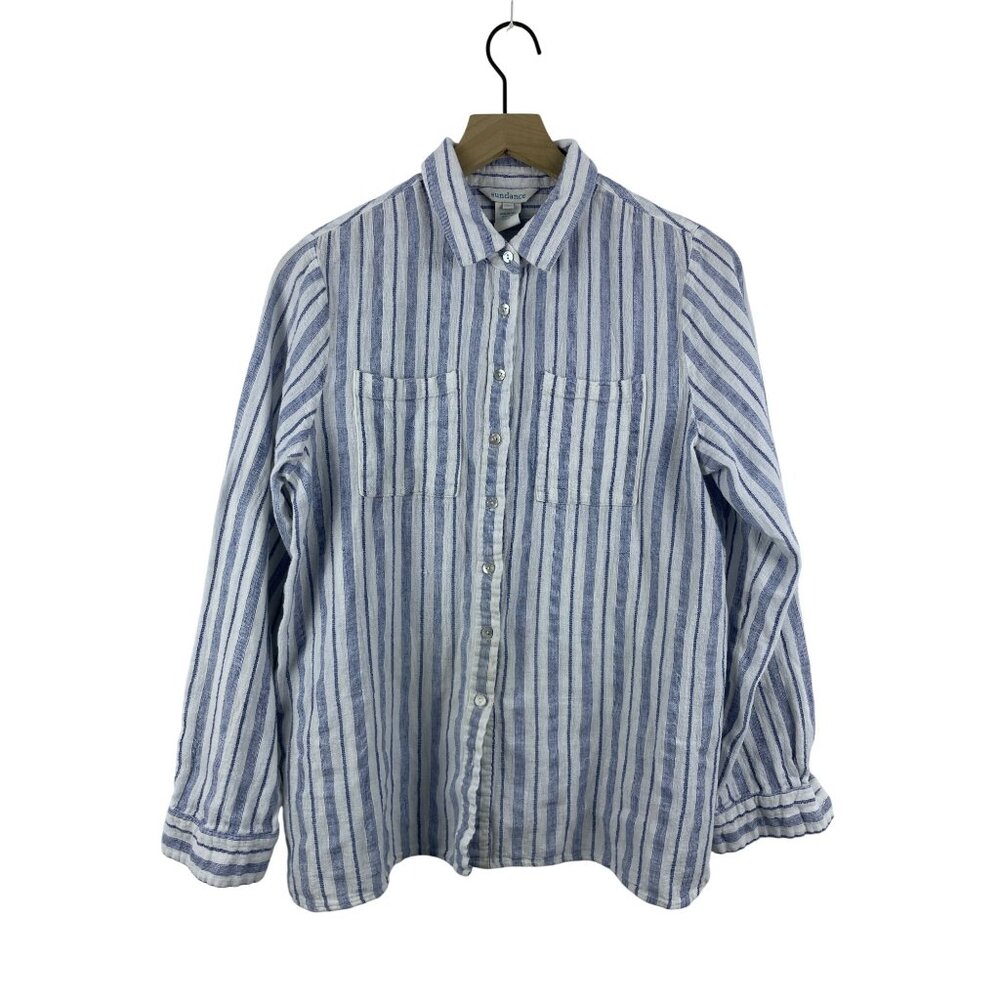 Sundance Women's Large Cotton Linen Striped Lagenlook Resort Butt Down Top